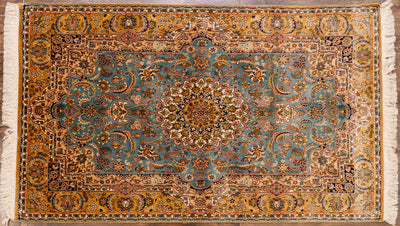 Teal Floral Medallion Carpet - Hand Woven Pure Silk Kashmiri Carpet (3ft * 5ft)