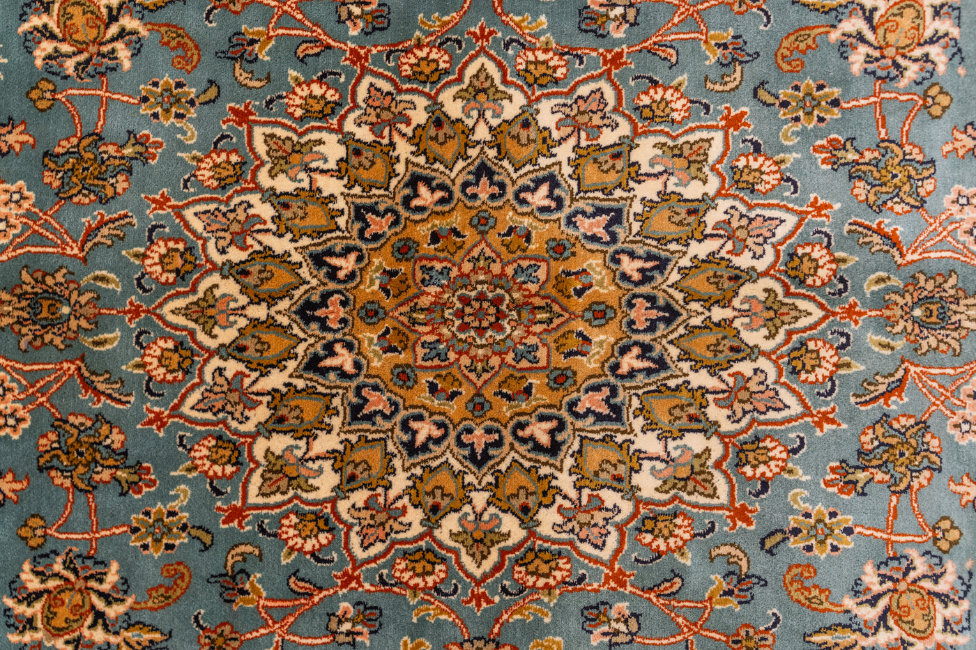 Teal Floral Medallion Carpet - Hand Woven Pure Silk Kashmiri Carpet (3ft * 5ft)