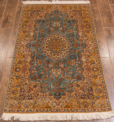 Teal Floral Medallion Carpet - Hand Woven Pure Silk Kashmiri Carpet (3ft * 5ft)