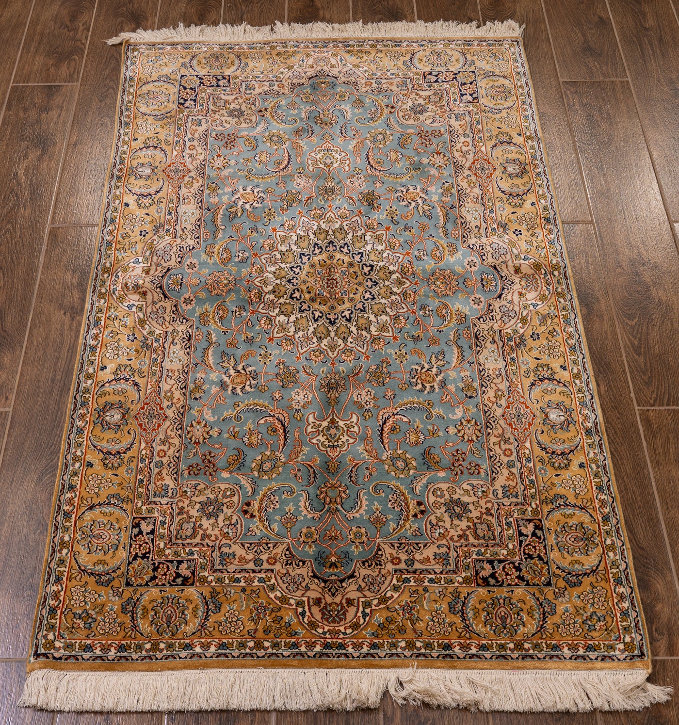 Teal Floral Medallion Carpet - Hand Woven Pure Silk Kashmiri Carpet (3ft * 5ft)