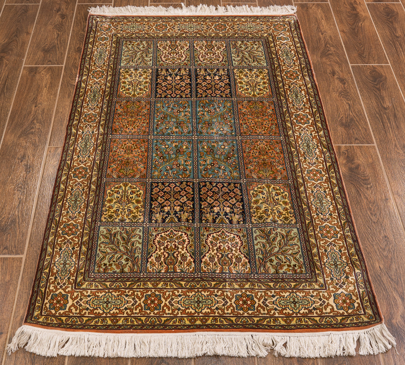 Multicolored Garden Squares Carpet - Hand Knotted Pure Silk Kashmiri Carpet (3ft * 5ft)