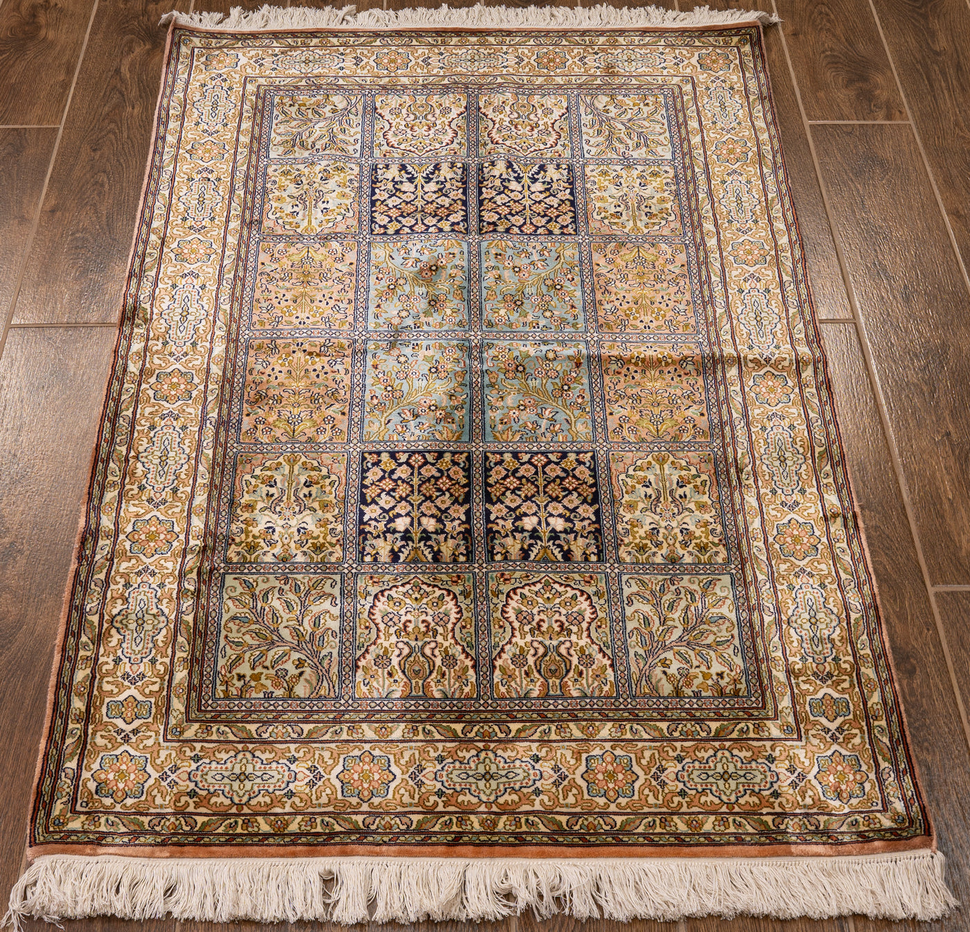 Multicolored Garden Squares Carpet - Hand Knotted Pure Silk Kashmiri Carpet (3ft * 5ft)