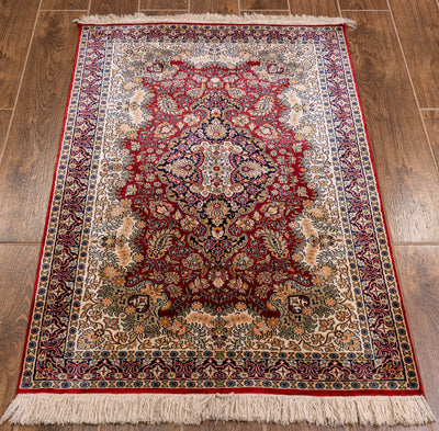 Crimson Blossom Elegance Carpet - Hand Knotted Pure Silk Kashmiri Carpet (2.5ft * 4ft)