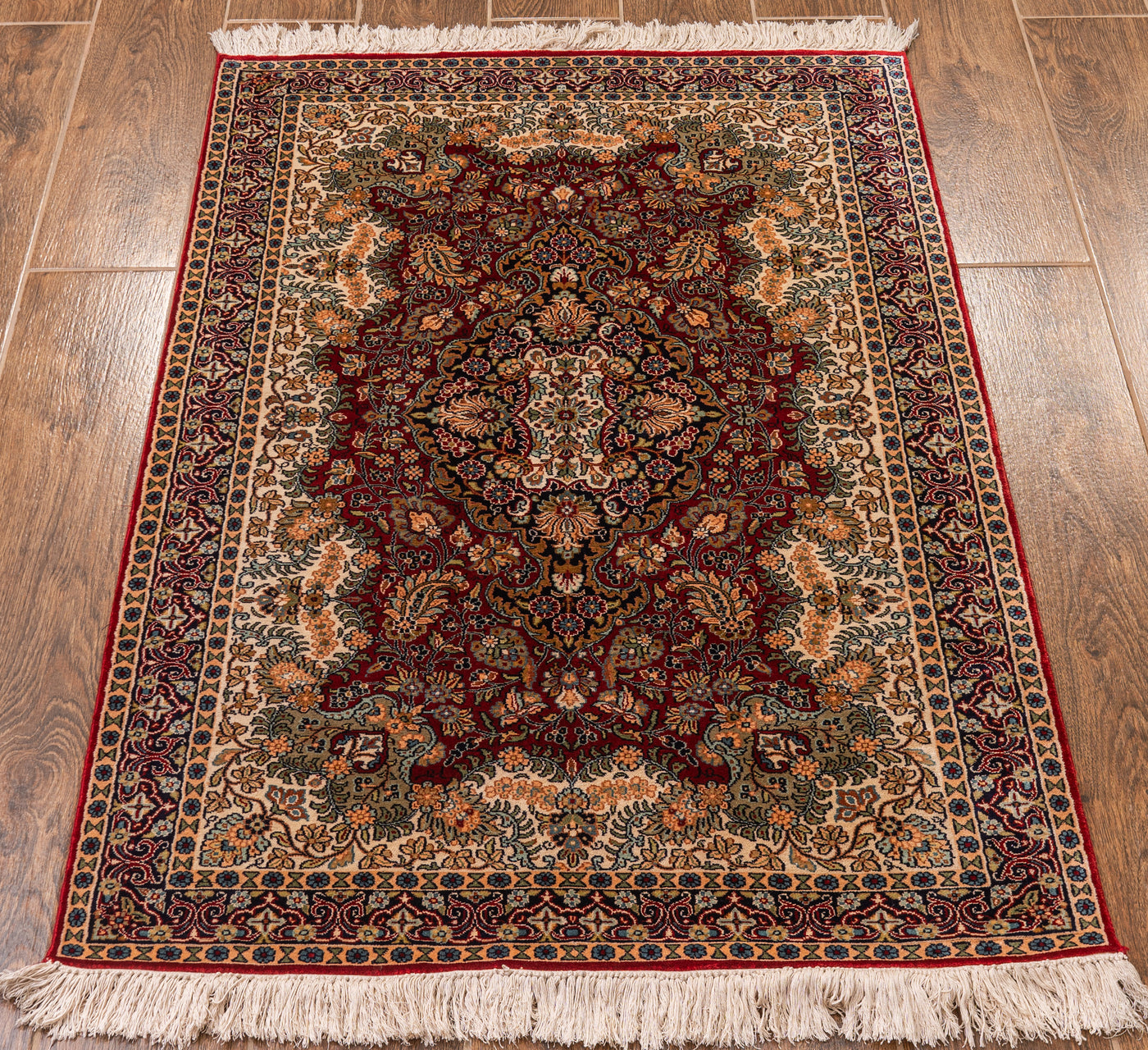 Crimson Blossom Elegance Carpet - Hand Knotted Pure Silk Kashmiri Carpet (2.5ft * 4ft)