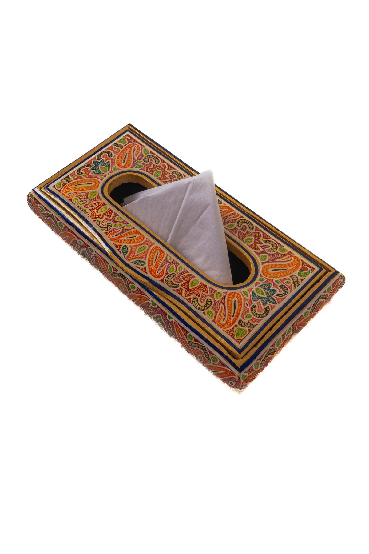 Orange-and-green paisley tissue box viewed diagonally from above, with blue-and-gold border lines and a white tissue