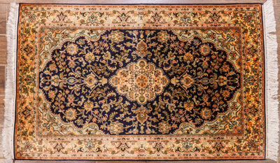 Midnight Floral Harmony Carpet - Hand Knotted Pure Silk Kashmiri Carpet (2.5ft * 4 ft)