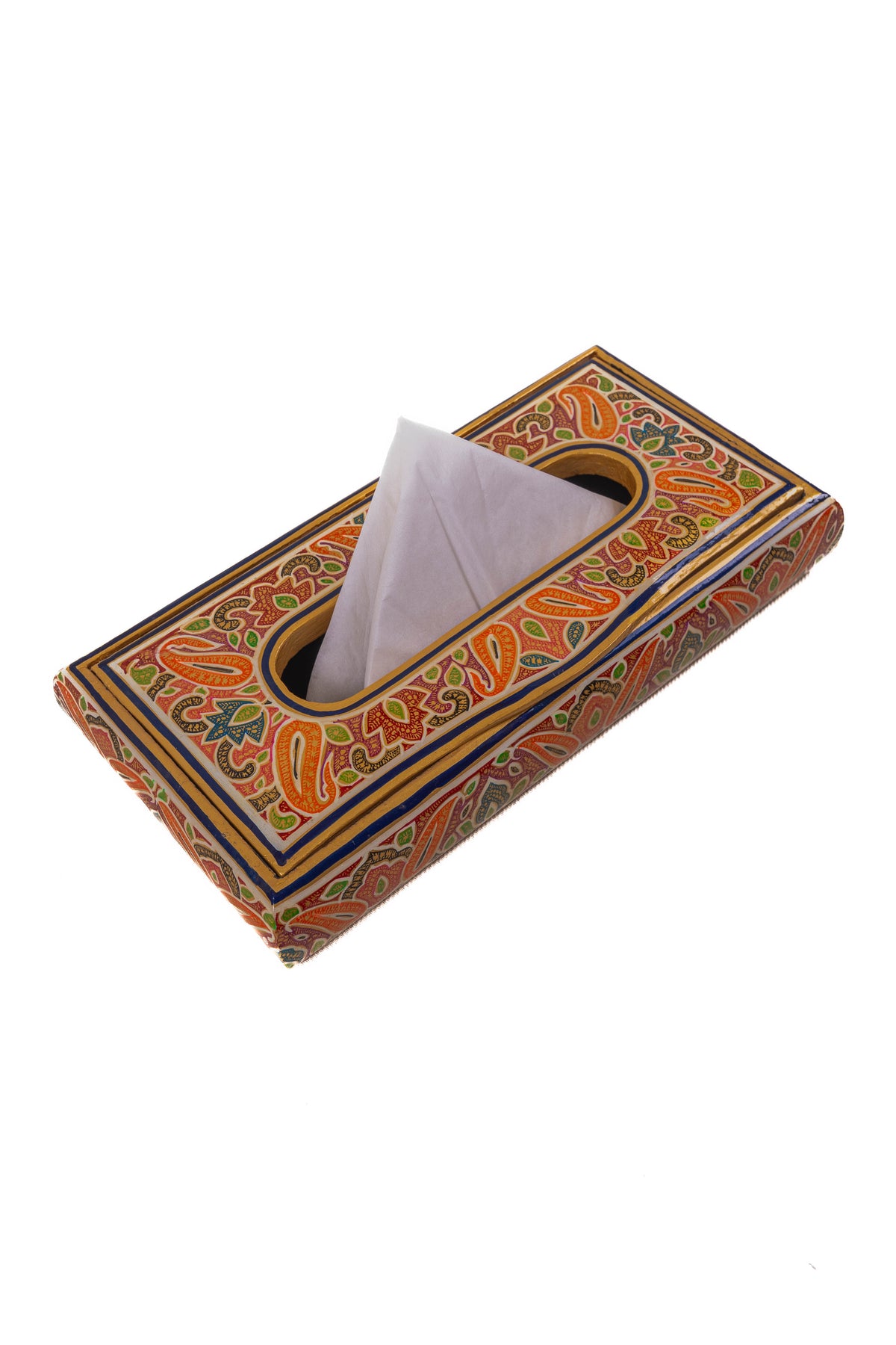 Diagonal view of a paper mache tissue box with orange paisleys and green leaves surrounding a white tissue