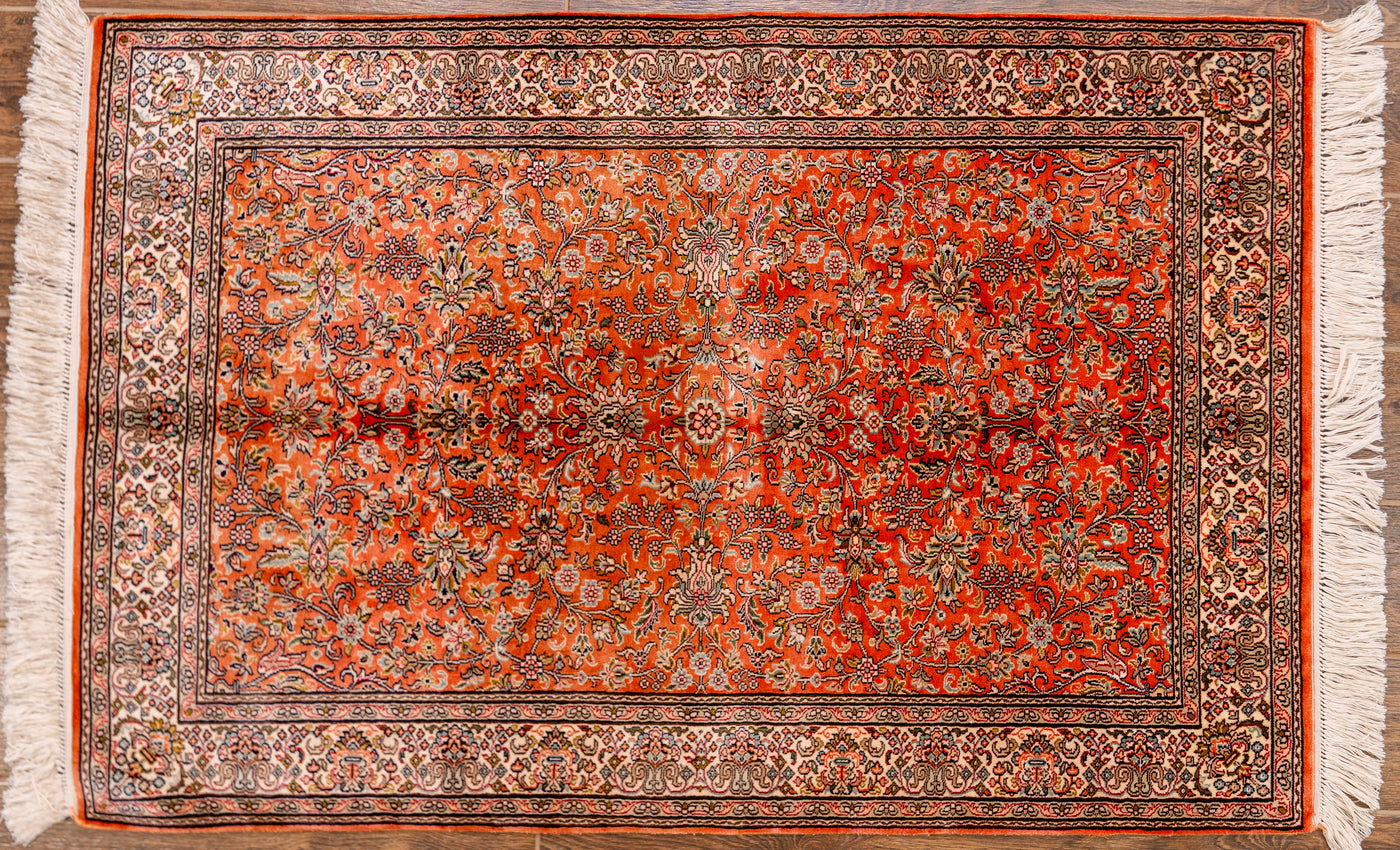 Autumn Leaf Garden Carpet - Hand Knotted Pure Silk Kashmiri Carpet (2.5ft * 4 ft)