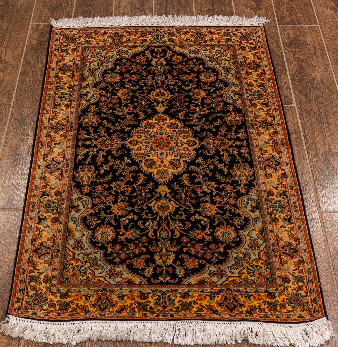 Midnight Floral Harmony Carpet - Hand Knotted Pure Silk Kashmiri Carpet (2.5ft * 4 ft)