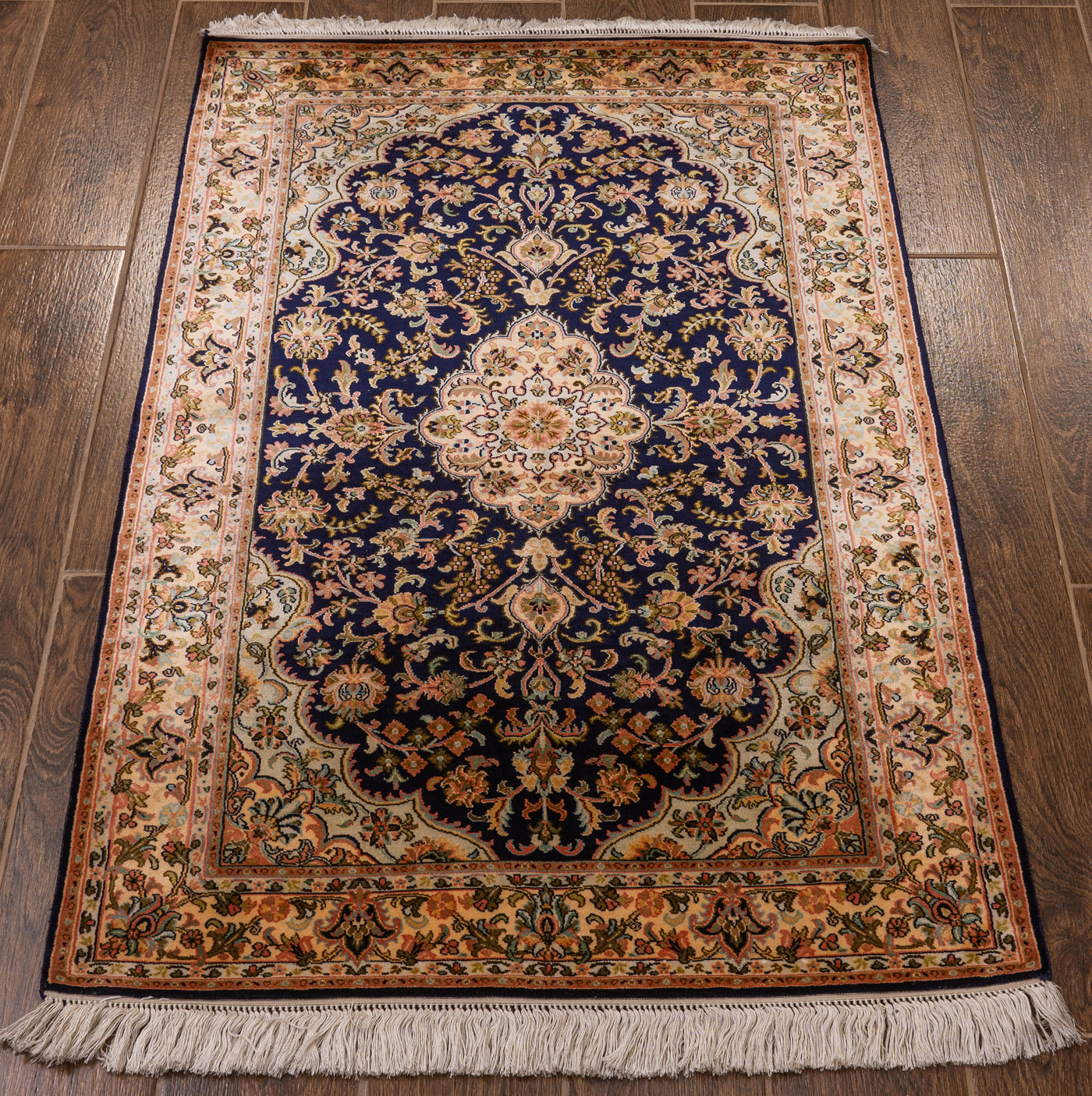 Midnight Floral Harmony Carpet - Hand Knotted Pure Silk Kashmiri Carpet (2.5ft * 4 ft)