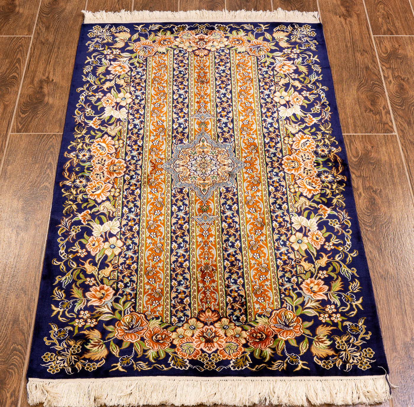 Royal Floral Striped Carpet - Hand Knotted Pure Silk Kashmiri Carpet (2.5ft * 4ft)