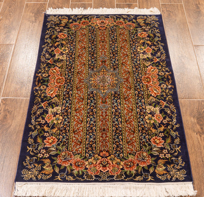 Royal Floral Striped Carpet - Hand Knotted Pure Silk Kashmiri Carpet (2.5ft * 4ft)