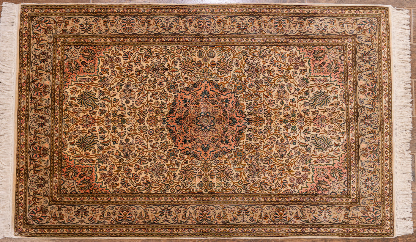 Autumnal Floral Harmony Carpet - Hand Knotted Pure Silk Kashmiri Carpet (3ft * 5ft)