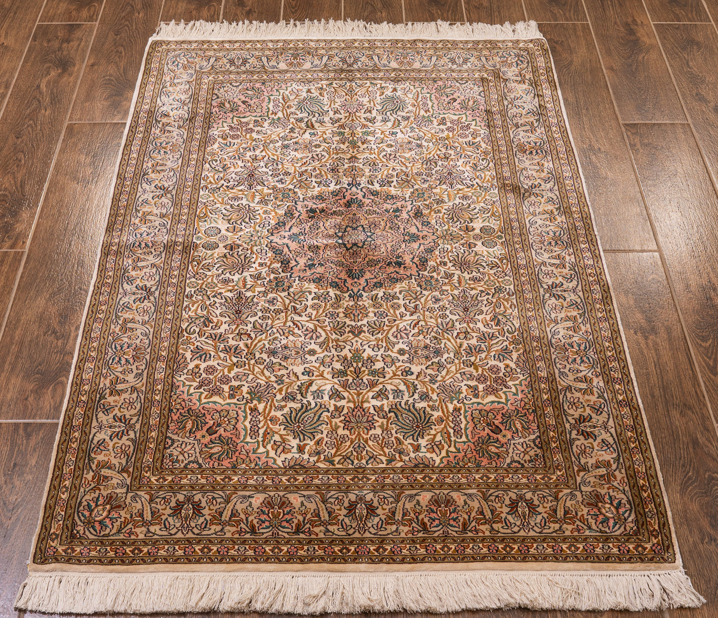 Autumnal Floral Harmony Carpet - Hand Knotted Pure Silk Kashmiri Carpet (3ft * 5ft)