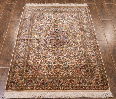 Autumnal Floral Harmony Carpet - Hand Knotted Pure Silk Kashmiri Carpet (3ft * 5ft)