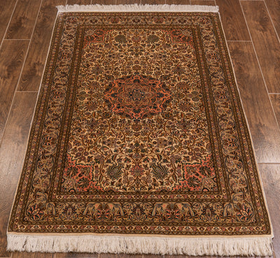 Autumnal Floral Harmony Carpet - Hand Knotted Pure Silk Kashmiri Carpet (3ft * 5ft)