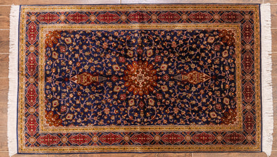 Deep Blue Star Medallion Carpet - Hand Knotted Pure Silk Kashmiri Carpet (2.5ft * 4ft)