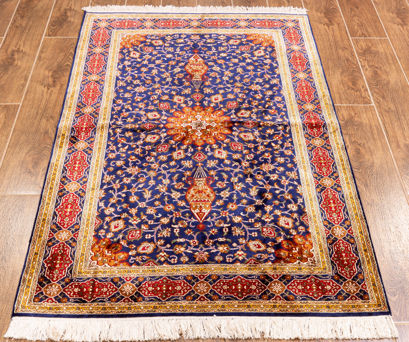 Deep Blue Star Medallion Carpet - Hand Knotted Pure Silk Kashmiri Carpet (2.5ft * 4ft)