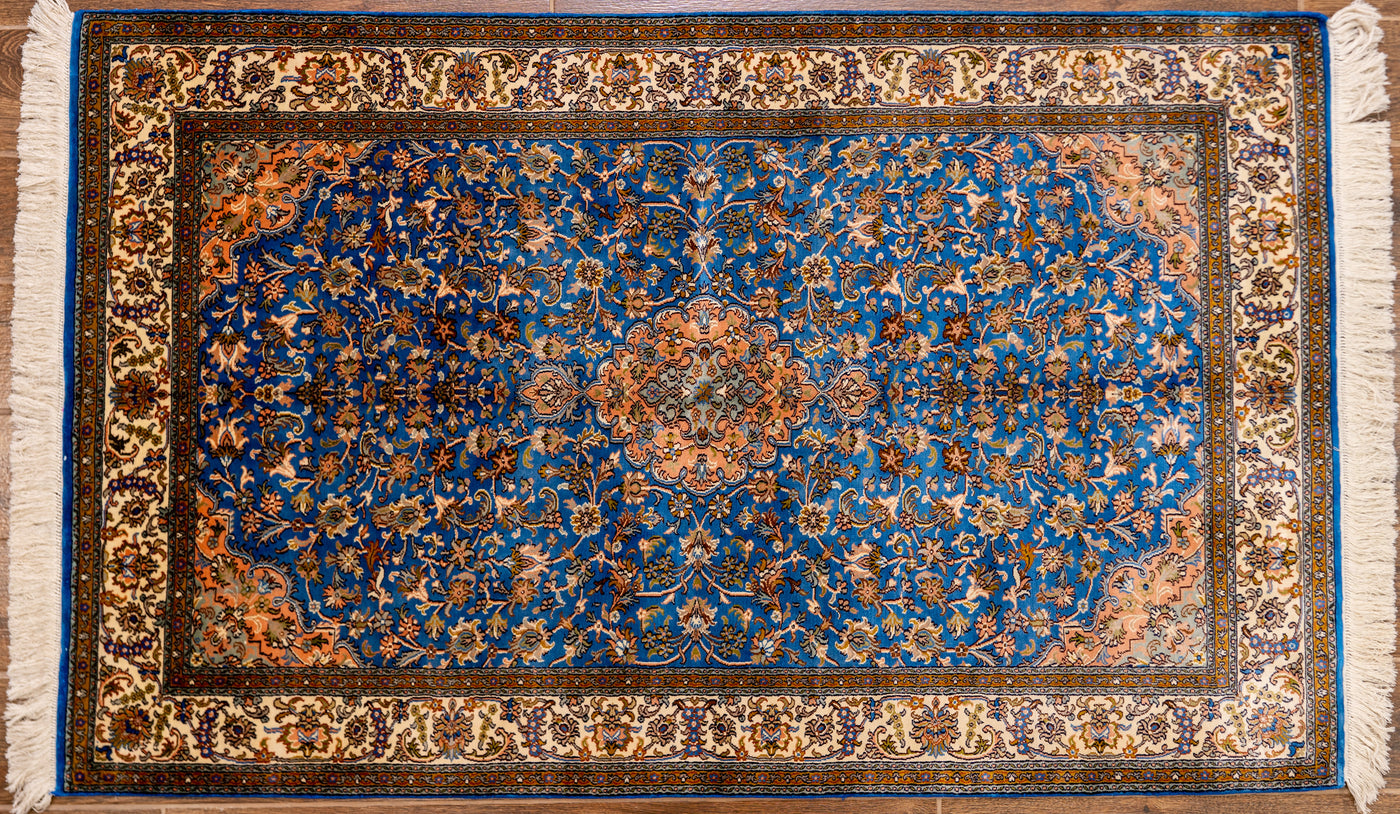 Midnight Blue Floral Medallion Carpet - Hand Knotted Pure Silk Kashmiri Carpet (3ft * 5ft)