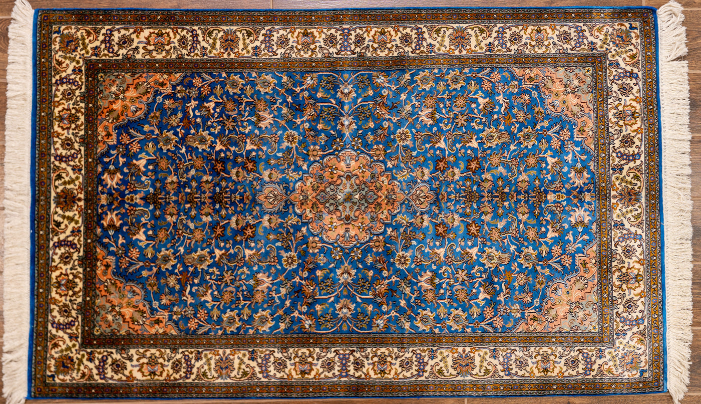 Midnight Blue Floral Medallion Carpet - Hand Knotted Pure Silk Kashmiri Carpet (3ft * 5ft)