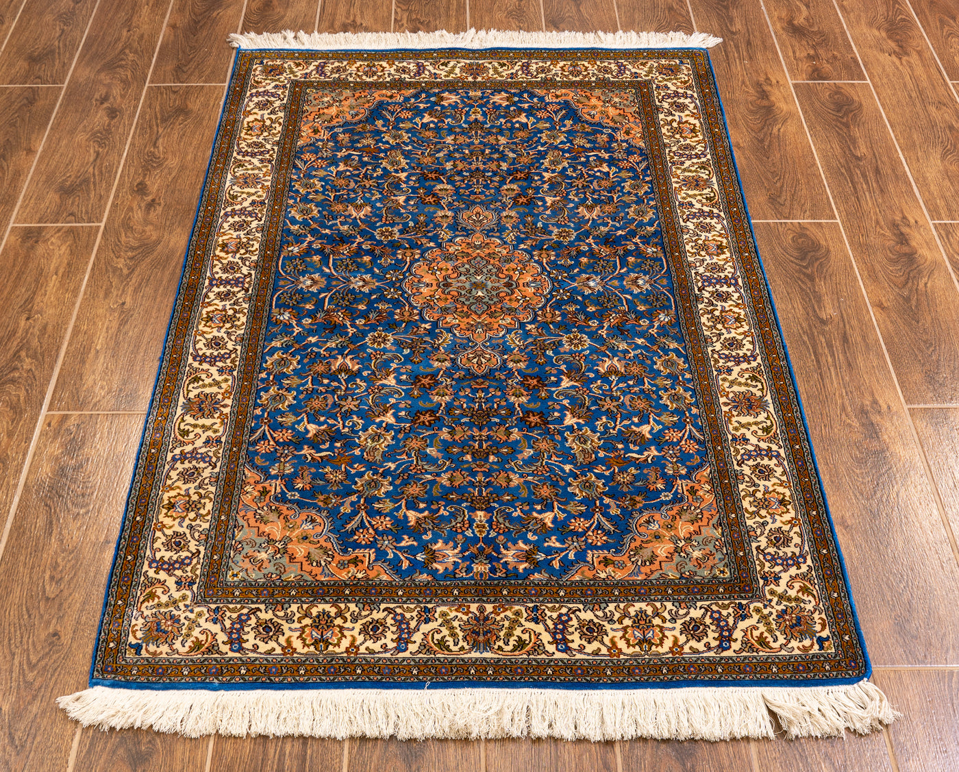 Midnight Blue Floral Medallion Carpet - Hand Knotted Pure Silk Kashmiri Carpet (3ft * 5ft)