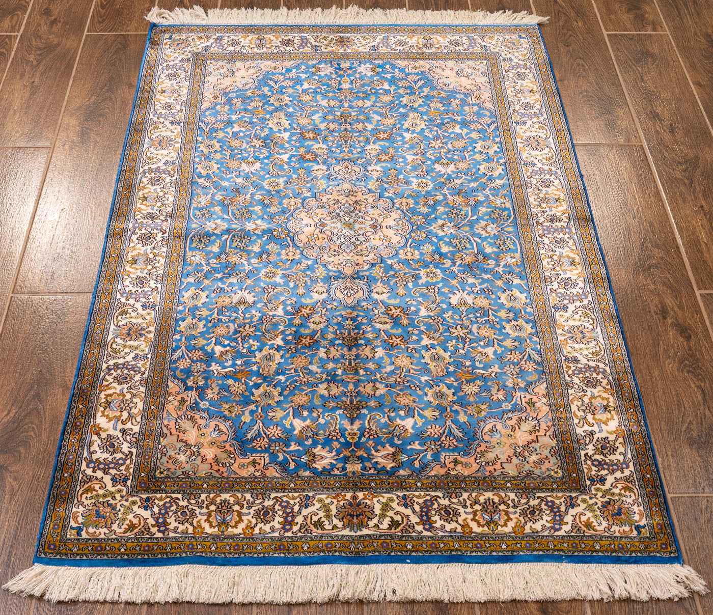 Midnight Blue Floral Medallion Carpet - Hand Knotted Pure Silk Kashmiri Carpet (3ft * 5ft)