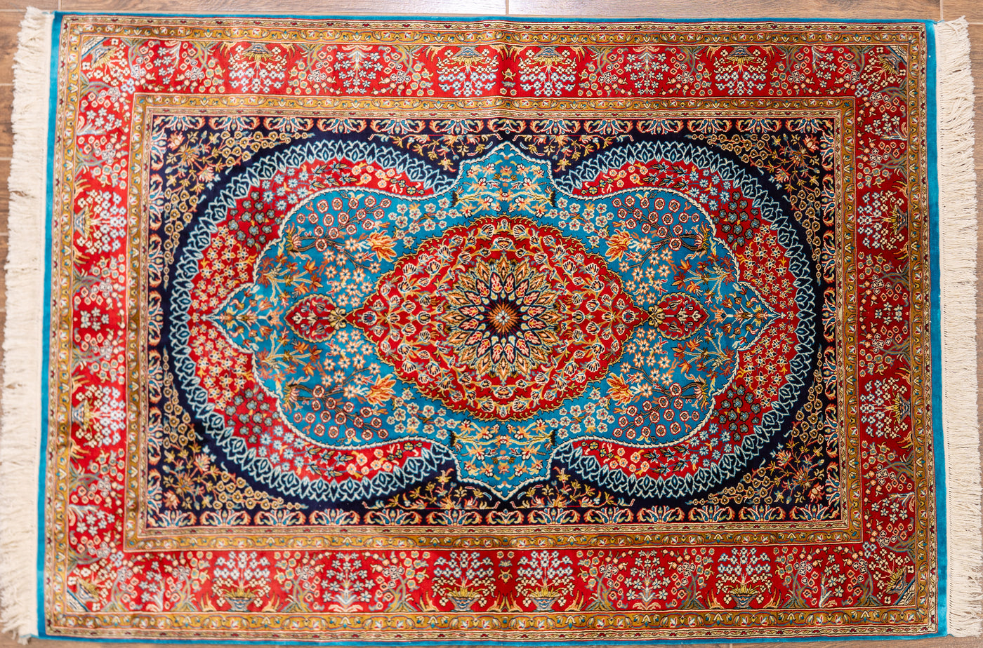 Vibrant Persian Red Medallion Carpet - Hand Knotted Pure Silk Kashmiri Carpet (4ft * 6ft)