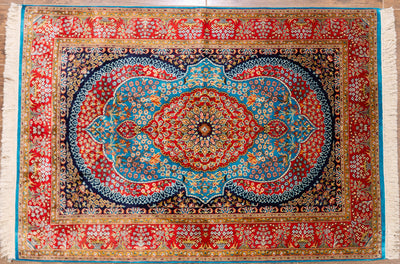 Vibrant Persian Red Medallion Carpet - Hand Knotted Pure Silk Kashmiri Carpet (4ft * 6ft)