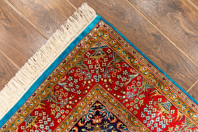 Vibrant Persian Red Medallion Carpet - Hand Knotted Pure Silk Kashmiri Carpet (4ft * 6ft)