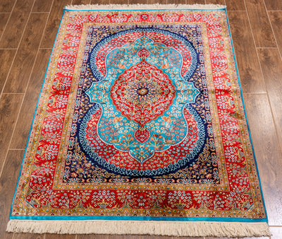 Vibrant Persian Red Medallion Carpet - Hand Knotted Pure Silk Kashmiri Carpet (4ft * 6ft)