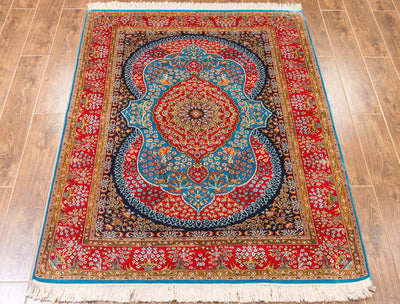 Vibrant Persian Red Medallion Carpet - Hand Knotted Pure Silk Kashmiri Carpet (4ft * 6ft)