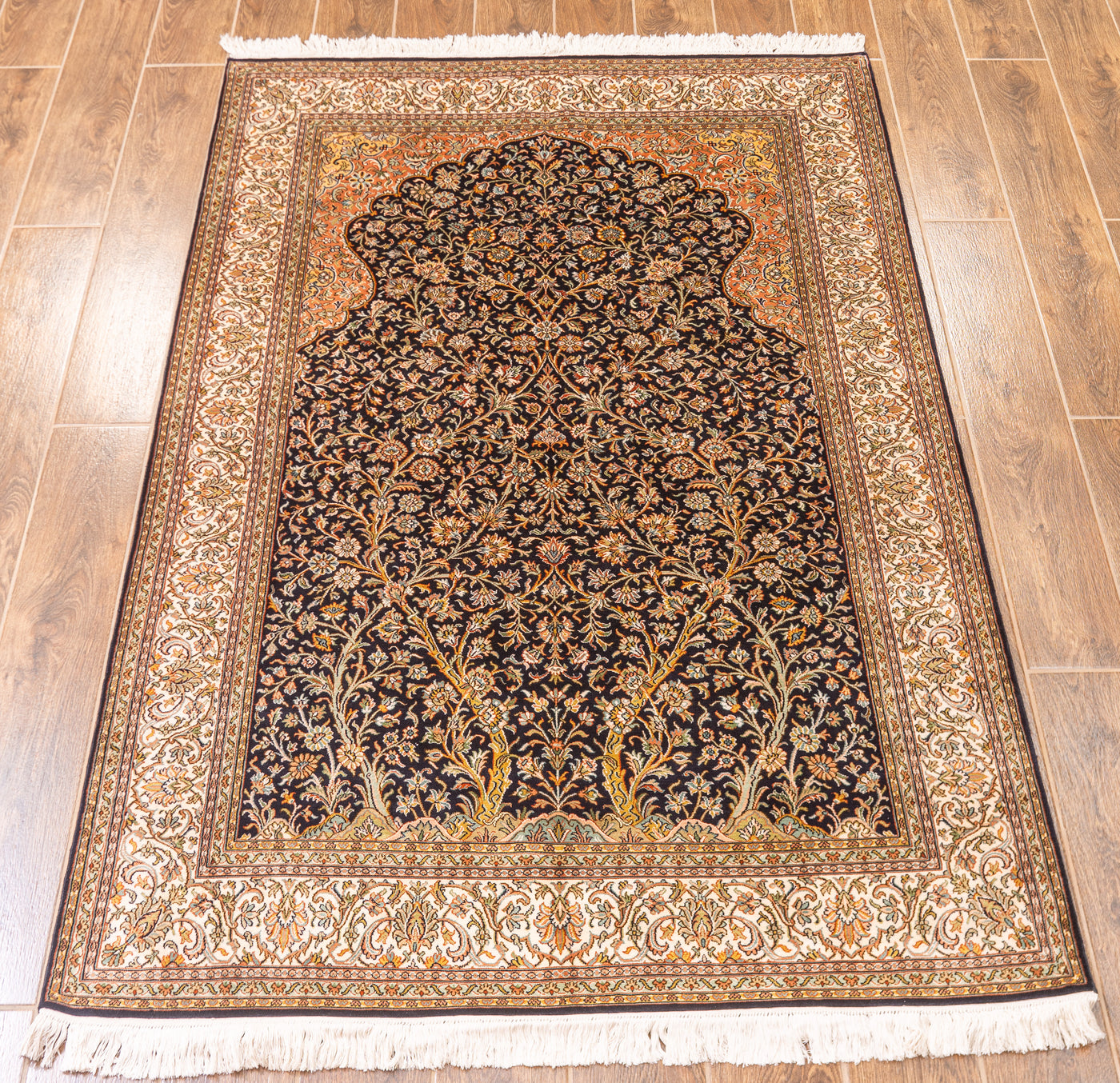 Black Baroque Elegance Carpet - Hand Knotted Pure Silk Kashmiri Carpet (4ft * 6ft)