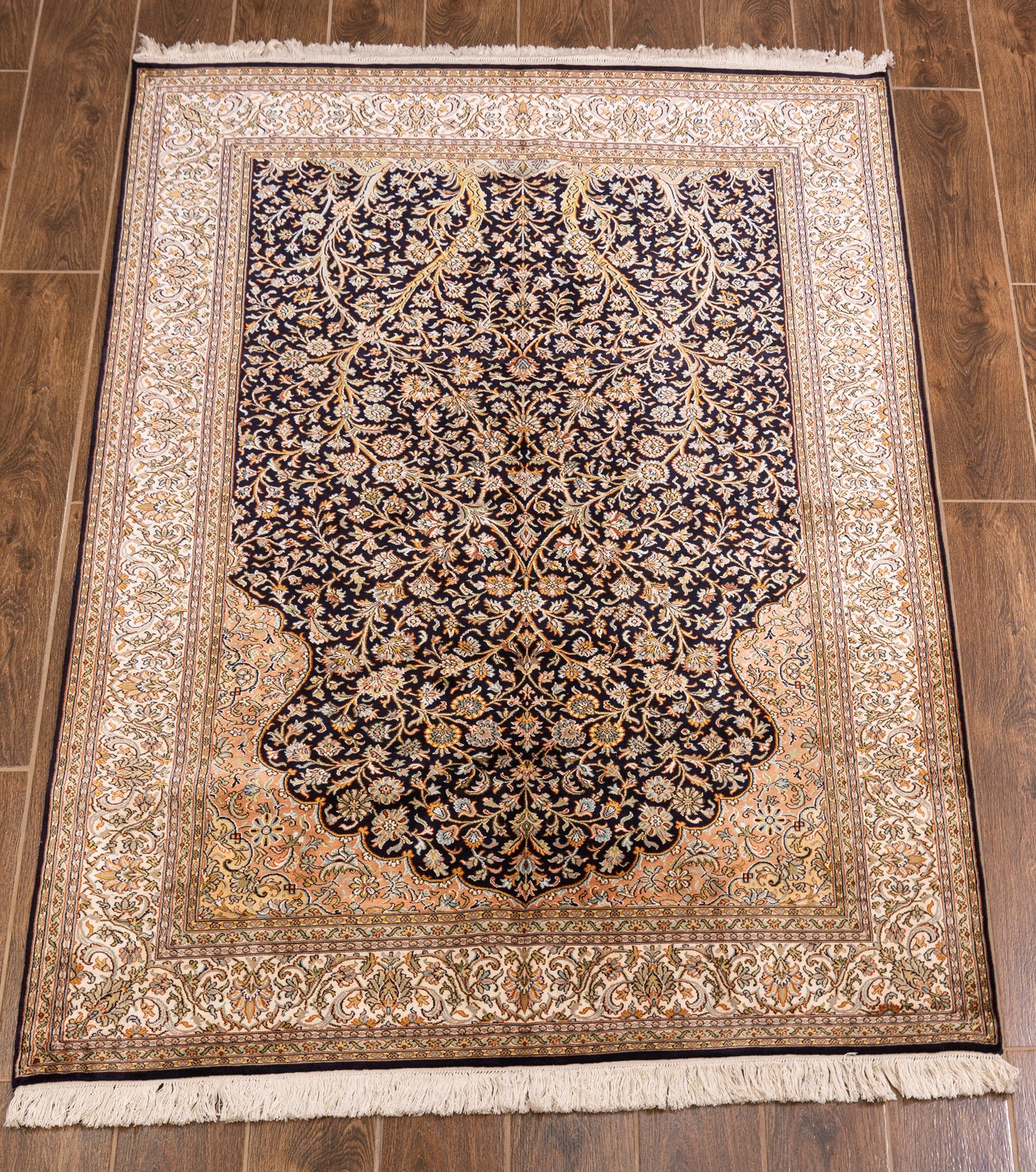 Black Baroque Elegance Carpet - Hand Knotted Pure Silk Kashmiri Carpet (4ft * 6ft)