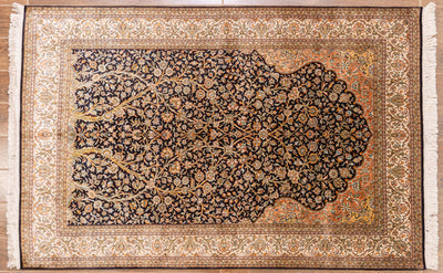 Black Baroque Elegance Carpet - Hand Knotted Pure Silk Kashmiri Carpet (4ft * 6ft)