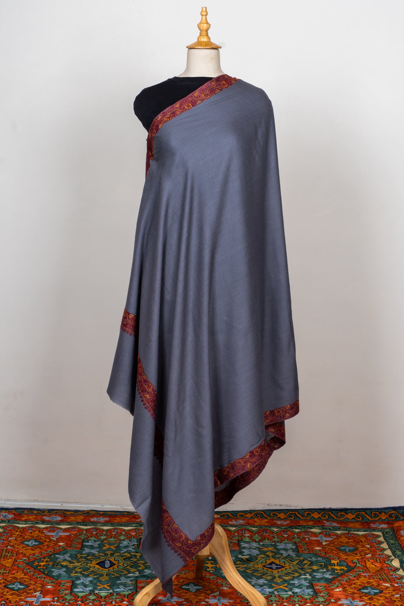 Sozni Hand Embroidered Merino Wool Shawl in Slate Grey