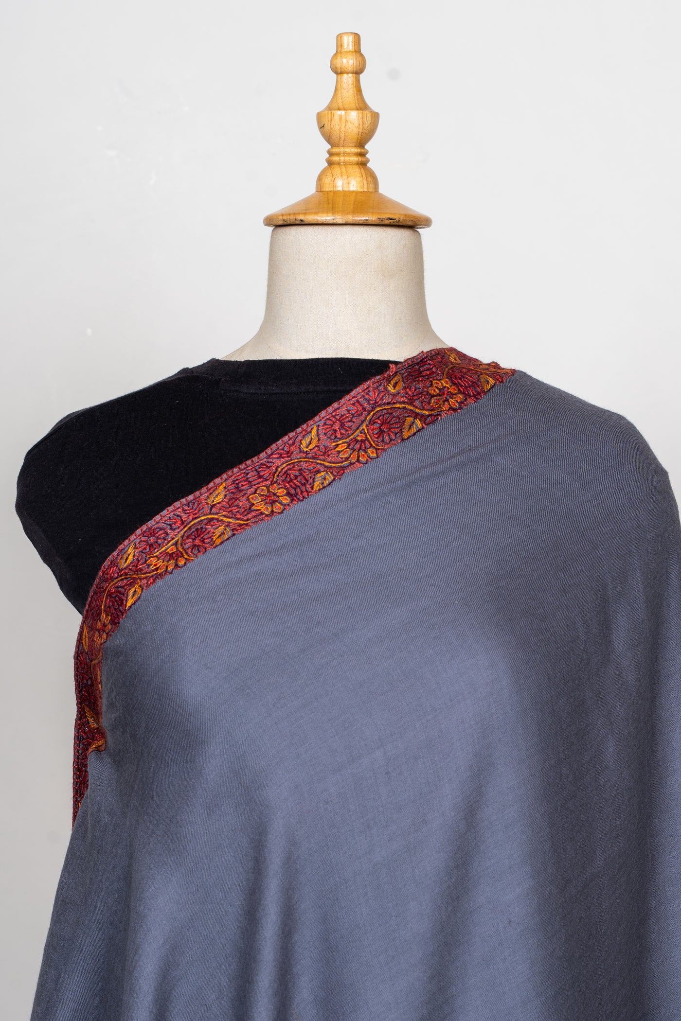 Sozni Hand Embroidered Merino Wool Shawl in Slate Grey