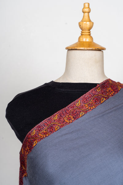 Sozni Hand Embroidered Merino Wool Shawl in Slate Grey