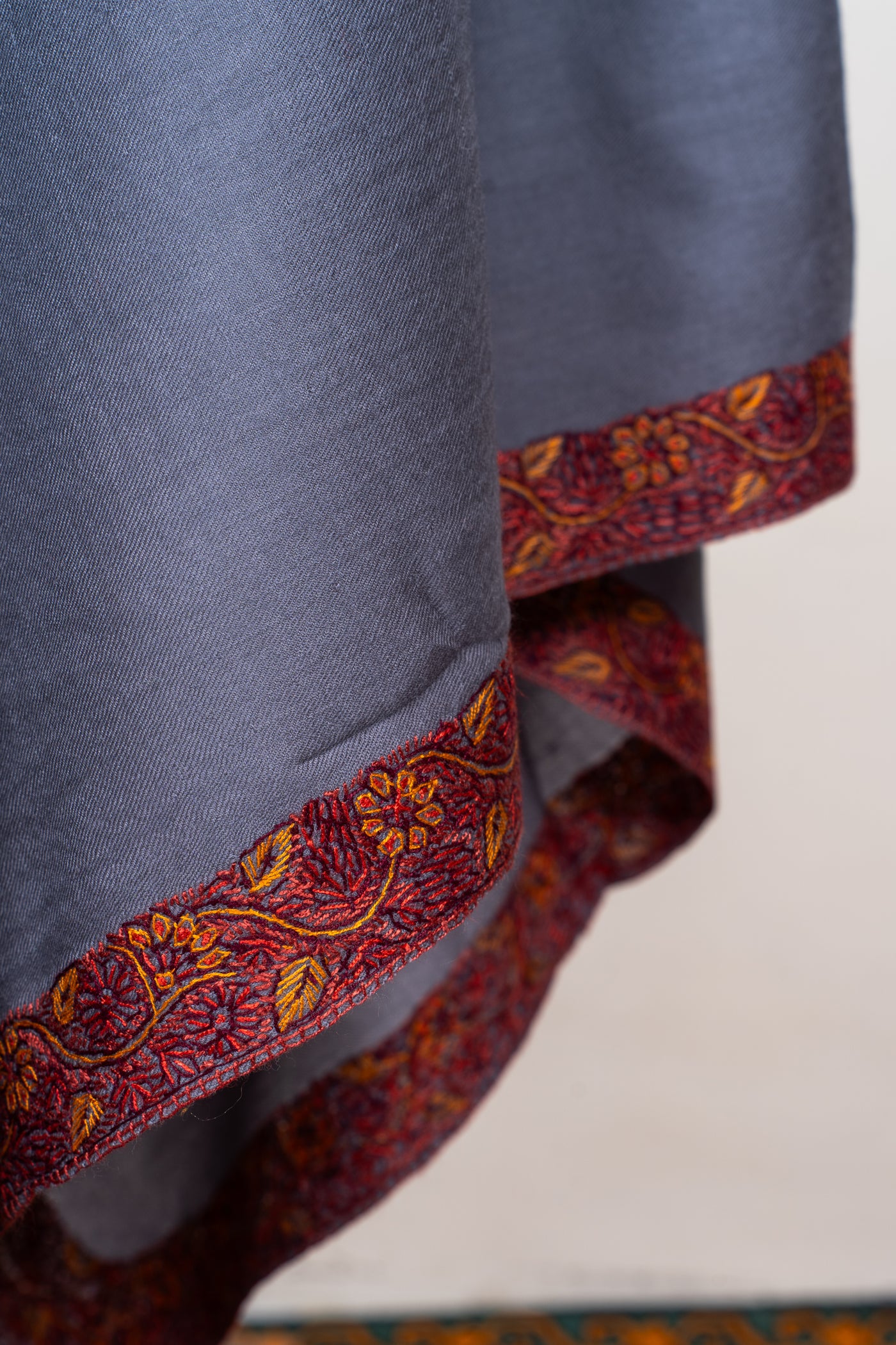 Sozni Hand Embroidered Merino Wool Shawl in Slate Grey