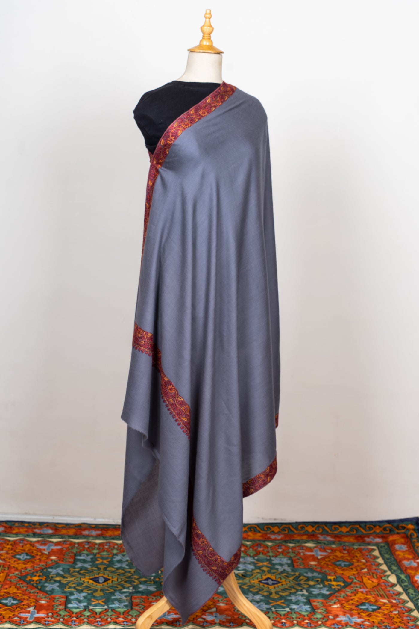 Sozni Hand Embroidered Merino Wool Shawl in Slate Grey