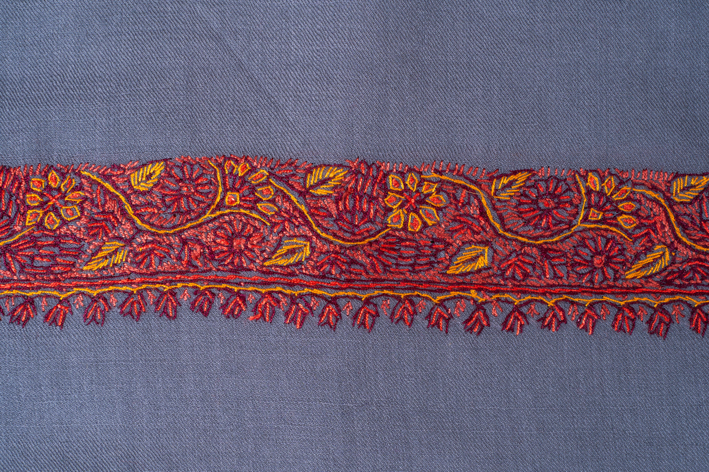 Sozni Hand Embroidered Merino Wool Shawl in Slate Grey