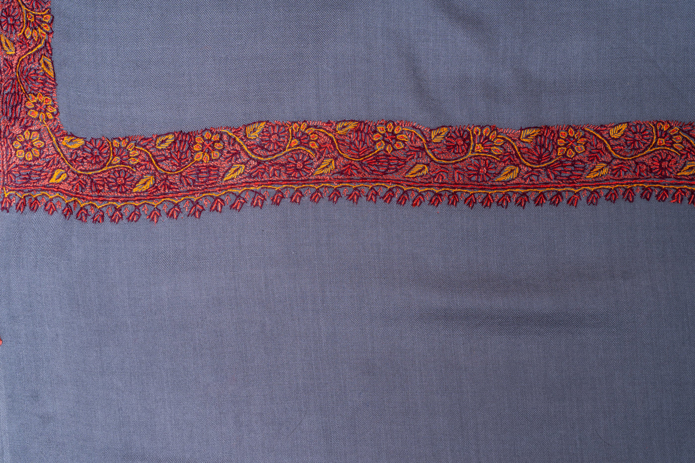 Sozni Hand Embroidered Merino Wool Shawl in Slate Grey