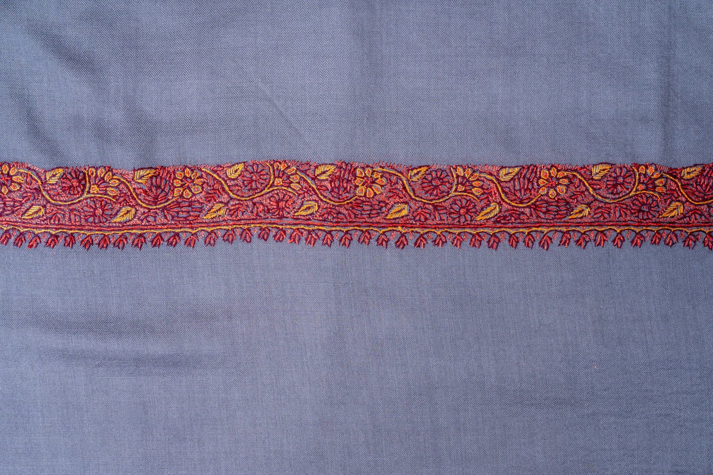 Sozni Hand Embroidered Merino Wool Shawl in Slate Grey