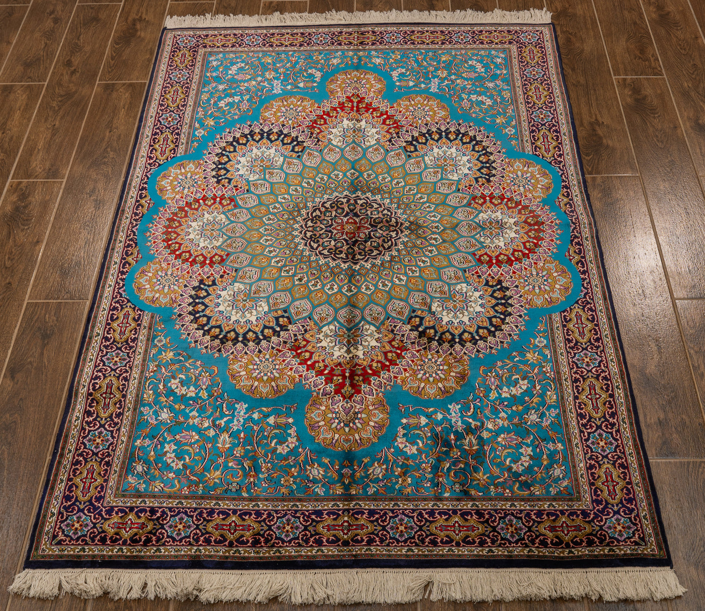 Turquoise Radiant Medallion Carpet - Hand Knotted Pure Silk Kashmiri Carpet (4ft * 6ft)