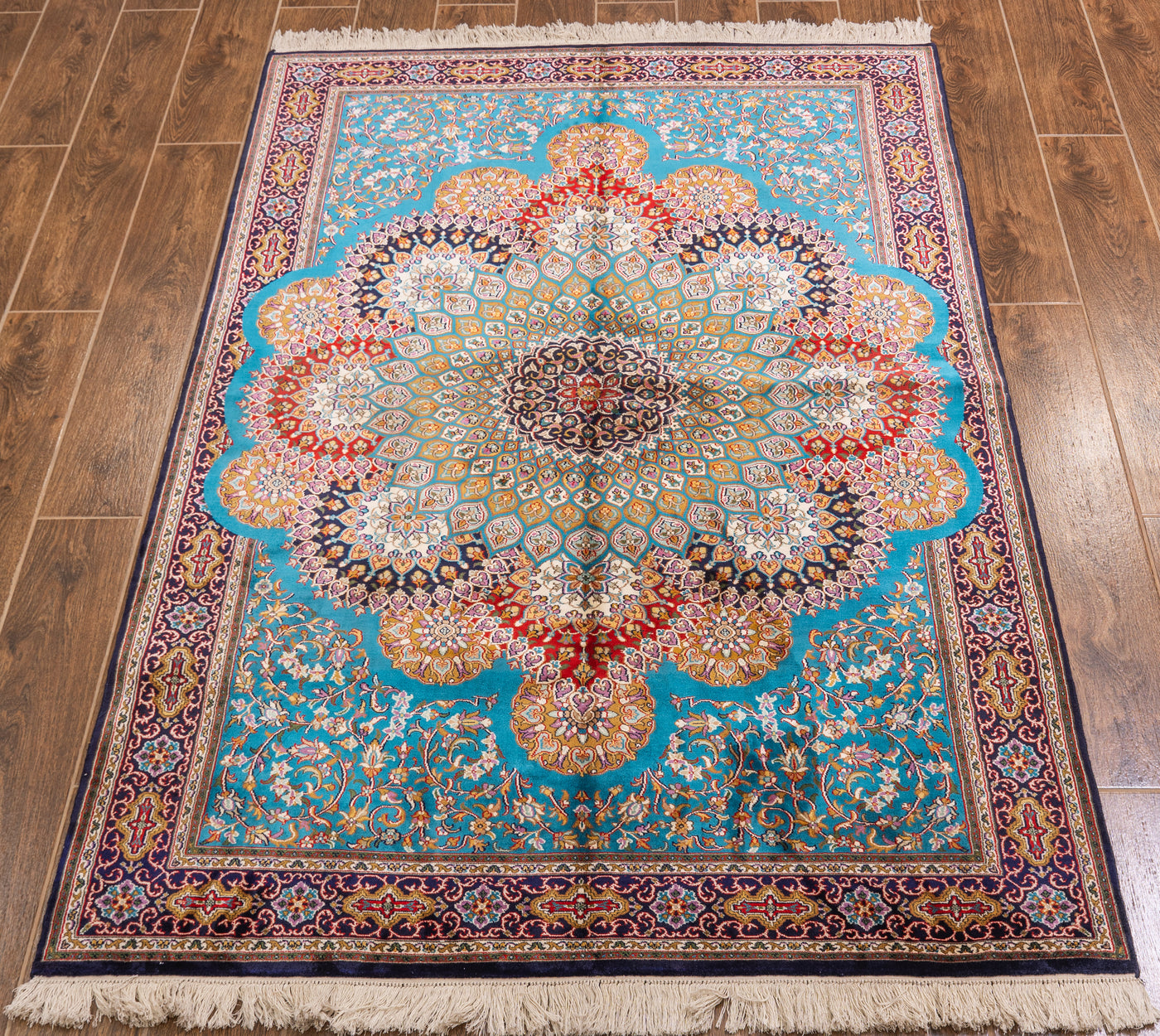 Turquoise Radiant Medallion Carpet - Hand Knotted Pure Silk Kashmiri Carpet (4ft * 6ft)