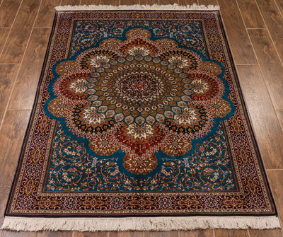 Turquoise Radiant Medallion Carpet - Hand Knotted Pure Silk Kashmiri Carpet (4ft * 6ft)