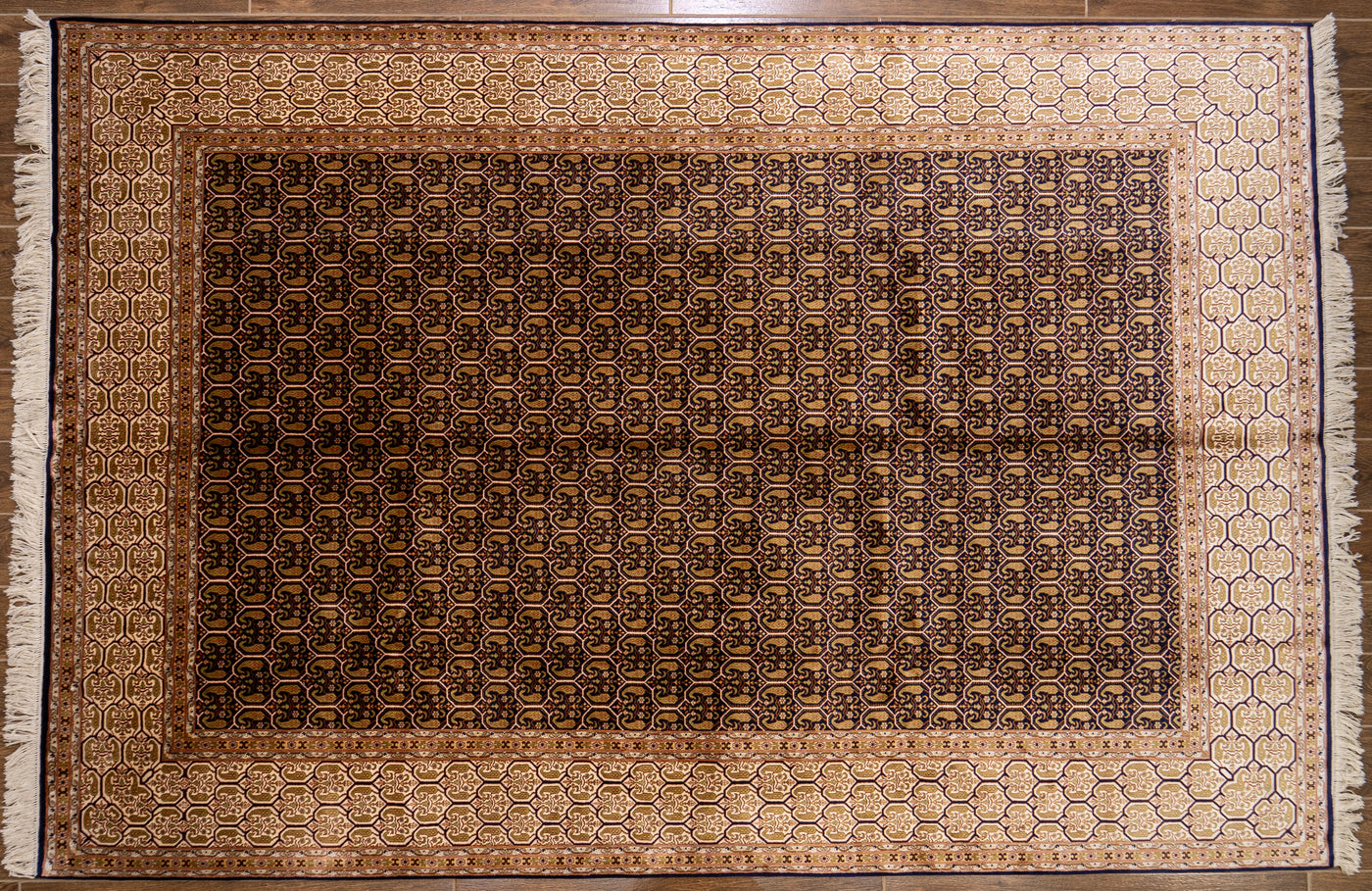 Golden Harmony Geometric Trellis Carpet - Hand Knotted Pure Silk Kashmiri Carpet (9ft * 6ft)