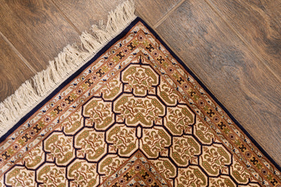 Golden Harmony Geometric Trellis Carpet - Hand Knotted Pure Silk Kashmiri Carpet (9ft * 6ft)