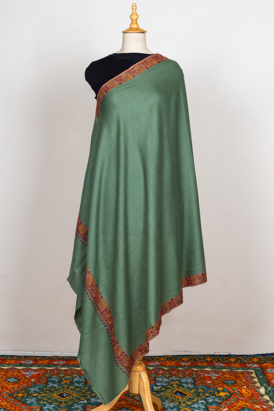 Sozni Hand Embroidered Merino Wool Shawl in Slate Grey