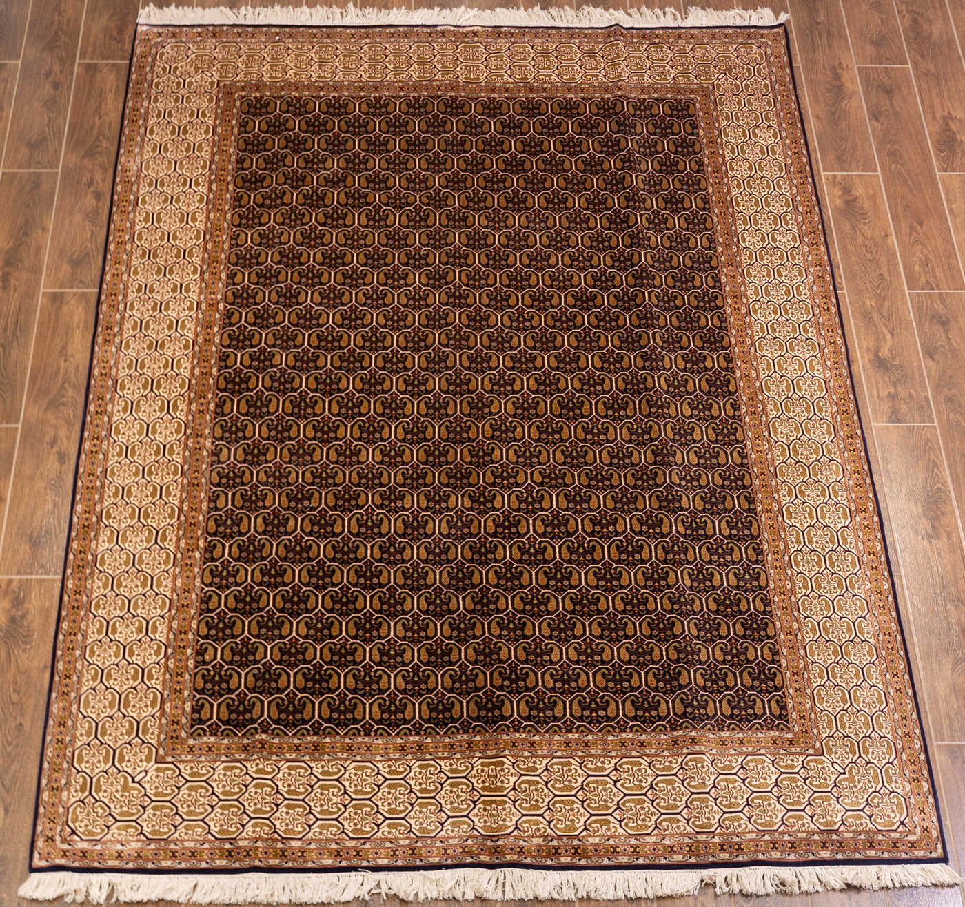 Golden Harmony Geometric Trellis Carpet - Hand Knotted Pure Silk Kashmiri Carpet (9ft * 6ft)