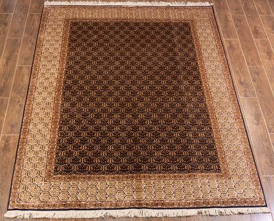 Golden Harmony Geometric Trellis Carpet - Hand Knotted Pure Silk Kashmiri Carpet (9ft * 6ft)